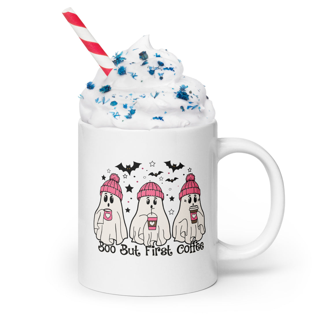 Boo But First Coffee Pink Ghosts Drinking Coffee Cute Halloween White glossy mug